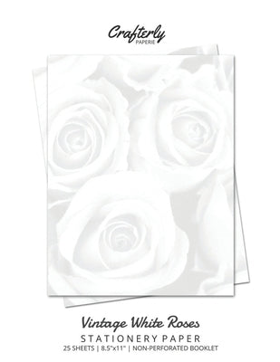 Vintage White Roses Stationery Paper: Cute Letter Writing Paper for Home, Office, 25 Count, Floral Print Paperback Crafterly Paperie